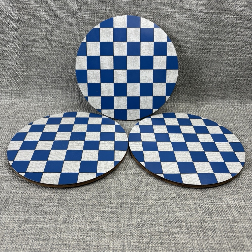Set of 3 Blue and White Checkered Round Wood Placemats Trivets 7.25 Inch